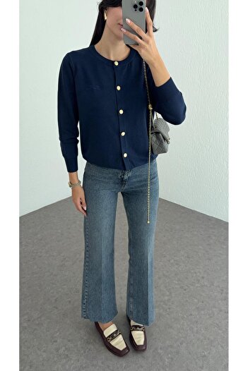 HAZELANNA Navy Blue Piana Cardigan with Gold Buttons