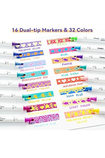 Ohuhu Set of 16 Highlighters, 32 Colors, Double Chisel and Fine Tip, Water Based, Multicolor
