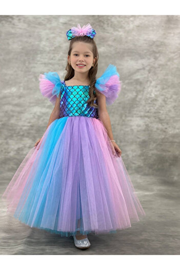 Buse&Eylül Bebe Mermaid Princess Girl's Dress – Pastel Colored Tulle Dress (3-10 Years)