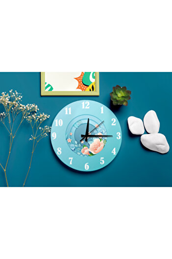 M&H Quality Mdf Wall Clock with Blue Spring Flowers Design and Silent Mechanism