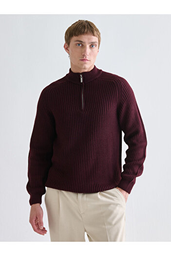 LC Waikiki Burgundy Stand Collar Long Sleeve Men's Knitwear Sweater