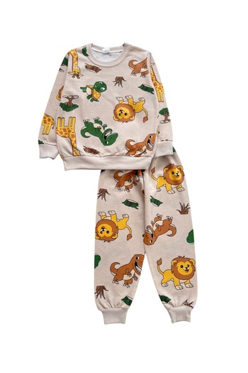 Şekerkids Boy's Cotton Beige Color Safari Patterned Seasonal Pajama Set