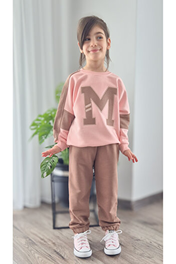 My Baby's World M Applique Embroidered Children's Garnished Tracksuit Set Pink / Yellow (2-9 Years)