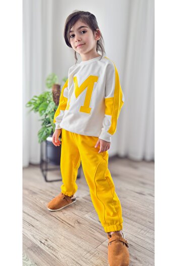 My Baby's World M Applique Embroidered Children's Garnished Tracksuit Set Pink / Yellow (2-9 Years)