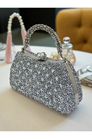 Biçanta Special Design Silver Gray Lame Color Fully Stone-Encrusted Handle Women's Evening Dress Bag Wedding Engagement Prom
