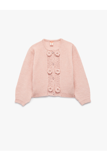 Koton Applique Rose Detailed Long Sleeve Crew Neck Buttoned Knitwear Cardigan