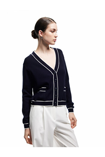 Koton Long Sleeve Pocketed V-Neck Striped Knitwear Cardigan