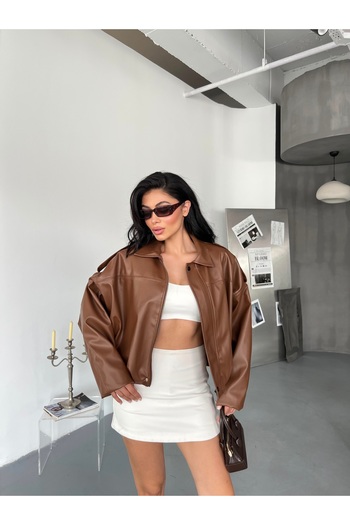 LB Laluna Butik Women's Oversize Bomber Leather Jacket