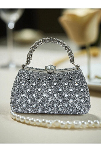 Biçanta Special Design Silver Gray Lame Color Fully Stone-Encrusted Handle Women's Evening Dress Bag Wedding Engagement Prom