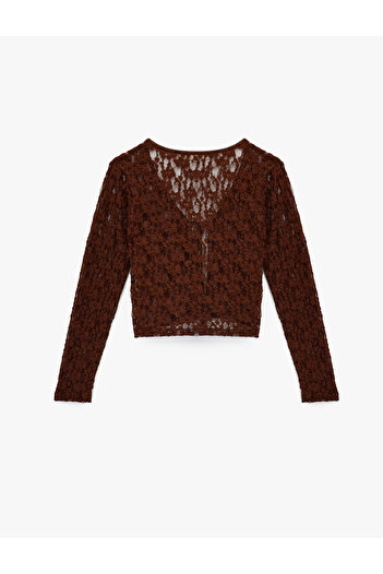 Koton Long Sleeve V-Neck Lace Cardigan with Tie Detail
