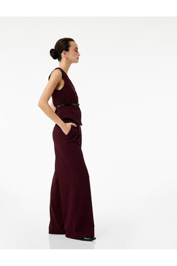 Koton High Waist Wide Leg Palazzo Trousers with Pile Detail Pockets