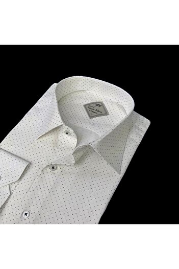 GÖMLEK GALERİSİ Classic Wide Cut Patterned White Men's Long Sleeve Shirt