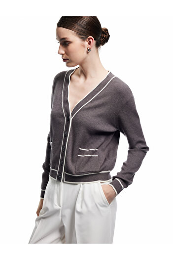 Koton Long Sleeve Pocketed V-Neck Striped Knitwear Cardigan