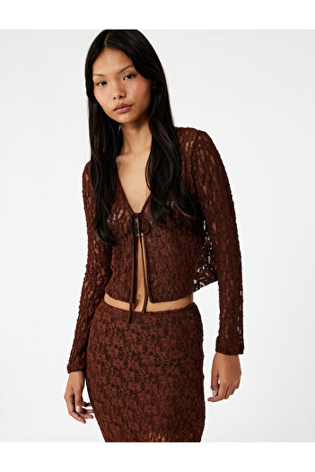 Koton Long Sleeve V-Neck Lace Cardigan with Tie Detail