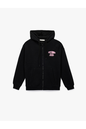 Koton Long Sleeve Zippered Hooded Oversized Sweatshirt with Printed Back