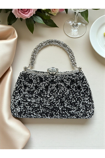 Biçanta Special Design Black Silver Color Fully Stone-Encrusted Handle Women's Evening Dress Bag Wedding Engagement Prom