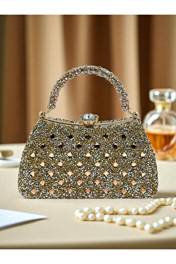 Biçanta Special Design Gold Gold Dore Color Fully Stone-Encrusted Women's Evening Dress Bag with Handle Wedding Engagement Prom