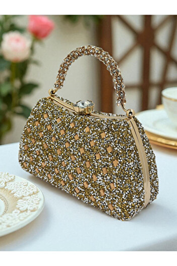Biçanta Special Design Gold Gold Dore Color Fully Stone-Encrusted Women's Evening Dress Bag with Handle Wedding Engagement Prom