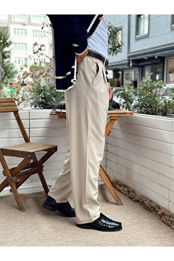 manch collection Pileli Baggy Kumaş Pantolon Krem