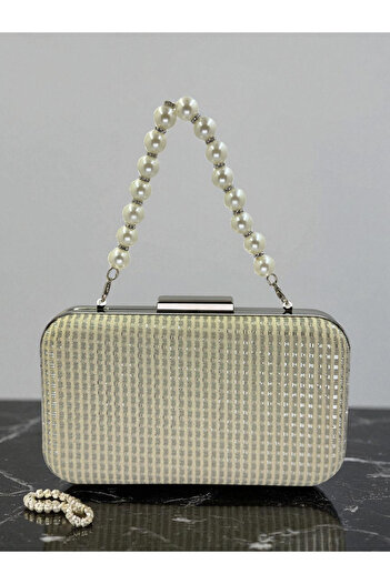 Biçanta Ecru Color Pearl Handle Glitter Wire Wrapping Women's Evening Dress Bag Wedding Engagement Graduation