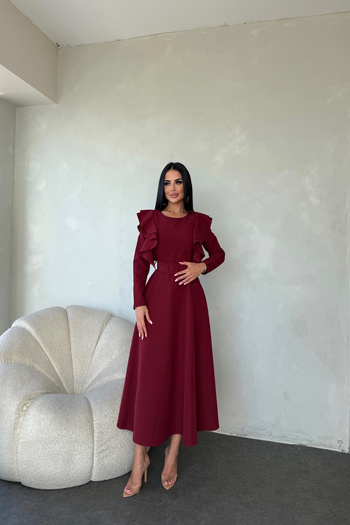 LİLA İSTANBUL Bisiklet Yaka Kolları Fırfırlı Kemerli Elbise
