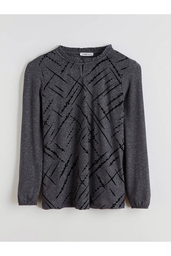 LC Waikiki Lcw Graceanthracite Ruffled Stand Collar Patterned Blouse