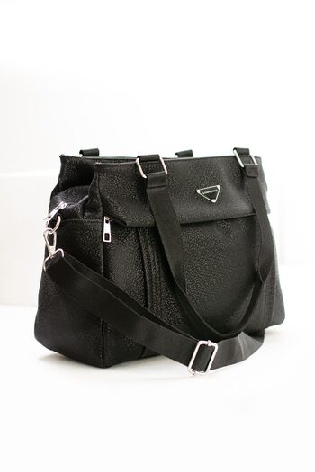 VESSARA Women's Black Color Mosaic Pattern Satin Fabric 5 Compartment Adjustable Cross Strap Hand and Shoulder Bag