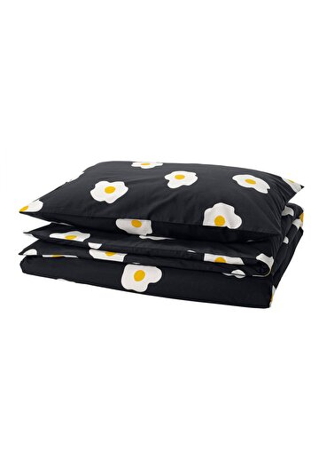 IKEA ÖGONLOCKSMAL Duvet cover and pillowcase, black/white/yellow, 150 x 200/50 x 80 cm