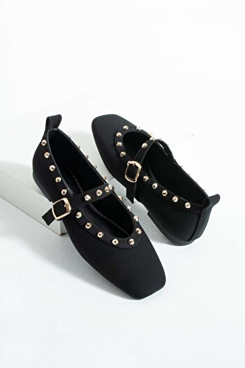diclepolat Women's Black Studded Buckle Women's Ballerina Rock