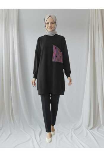 Puane Women's Black Color Scuba Fabric Pocket Detailed Hijab Tunic