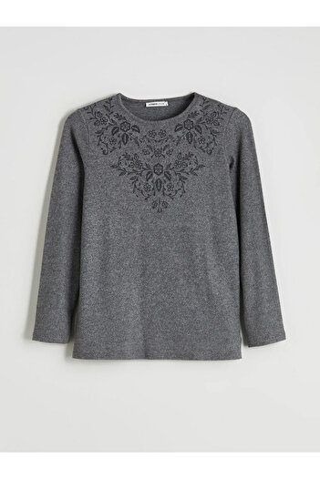 LC Waikiki Lcw Graceanthracite Crew Neck Floral Embroidered Blouse