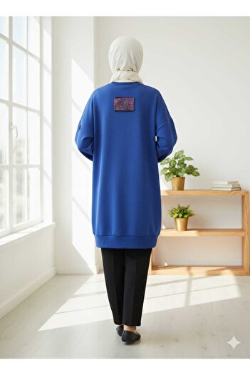 Puane Women's Sax Blue Scuba Fabric Pocket Detailed Hijab Tunic
