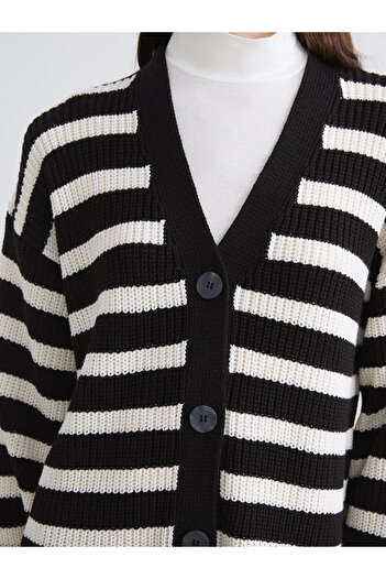 LC Waikiki Lcw modest black striped v-neck women's knit cardigan