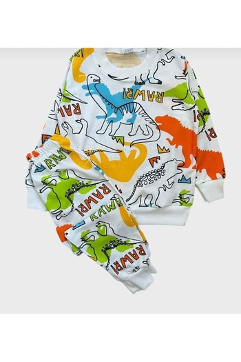 Arya Nisa Kids Boys' Colorful Dinosaur Printed 100% Cotton Seasonal Fabric Pajama Set