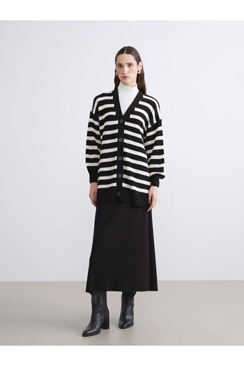 LC Waikiki Lcw modest black striped v-neck women's knit cardigan