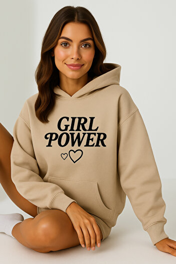 CLASSY.MODA Women's Hooded Kangaroo Pocket Oversize Sweatshirt with Front Girl Power Lettering Casual Daily Style