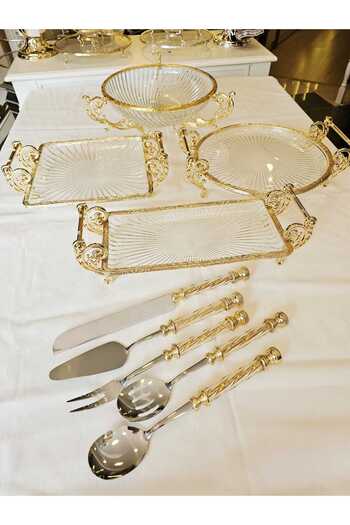 MaviDamla Cast Metal Frame Glass and Serving Presentation Set 9 Pieces Gold