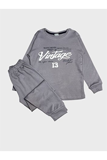 ALİŞ KİDS Boy's Cotton Gray Color Vintage Letter Pattern Long Sleeve Pajama Set