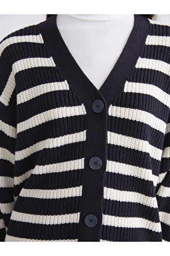 LC Waikiki Lcw Modestnavy Blue V-Neck Striped Women's Knitwear Cardigan