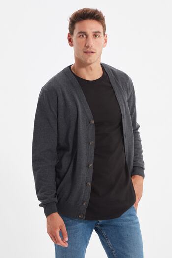 Trendyol Collection V-Neck Slim Fit Cotton Cardigan - Anthracite Tmnaw21Hi0274