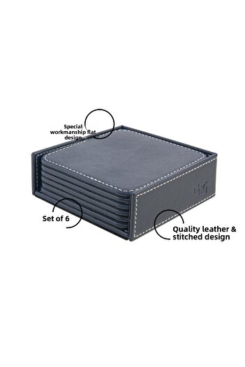 2K Coasters, Set of 6, Desktop Square Cup Coaster, Vegan Faux Leather, 11X11 Cm., Navy Blue
