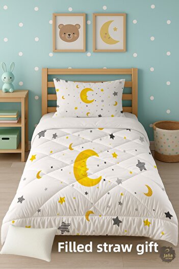 Talia Home Moon and Star Patterned Single Children's Quilt Sleeping Set Tlag-022