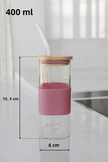 Panhera Square Glass Cup with Bamboo Lid and Straw 400 ml |   Pink