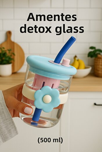 Amentes 500ml Daisy Patterned Glass Detox Thermos Flask Cup with Straw - Milk, Water, Soft Drink, Lemonade Cup