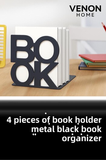 VENON 4 Pcs Black Book Holder Book Metal Book Support Home and Office Decorative Accessory Bookshelf Organizing