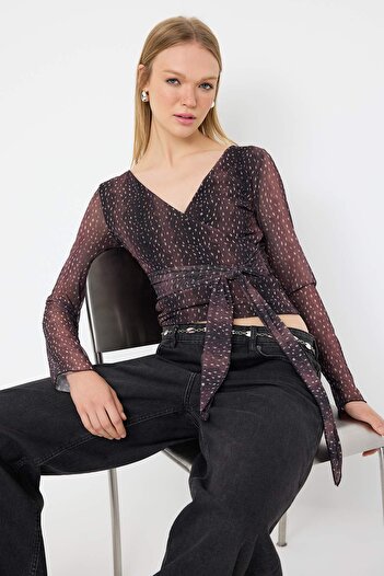 Trendyol Collection Teen Brown Animal Wrap Fitted/Slim Fit Knitted Blouse Twoaw26Bz00226