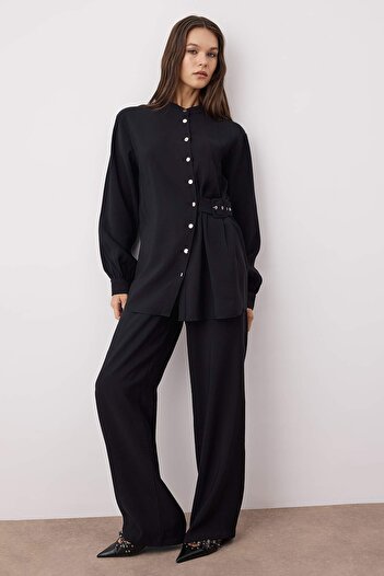 Trendyol Modest Black Regular Modal Fabric Plain Woven Belt Buckle Detailed Hijab Bottom - Top Set Tctaw26Us00055