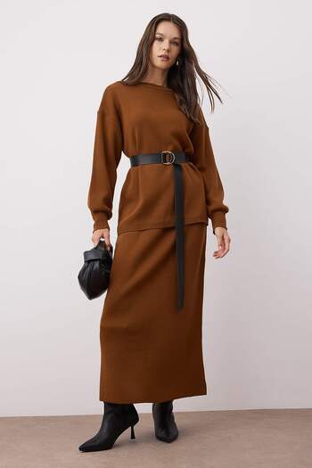 Trendyol Modest Light Brown Oversize Double Plate Plain Knitwear Hijab Bottom - Top Set Tctaw26Us00022