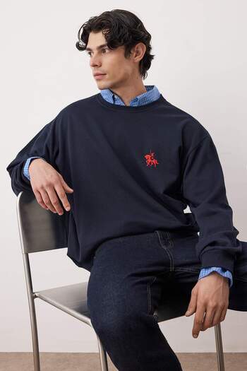 Trendyol Collection Marineblaues Oversize/Schmal geschnittenes Langarm-Sweatshirt mit Pferdemuster TMNAW24SW00164