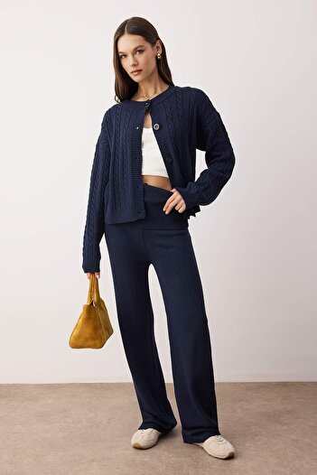 Trendyol Collection Navy Blue Soft Texture Hair Braided-Straight Knitwear Bottom - Top Set Twoaw26Au00009
